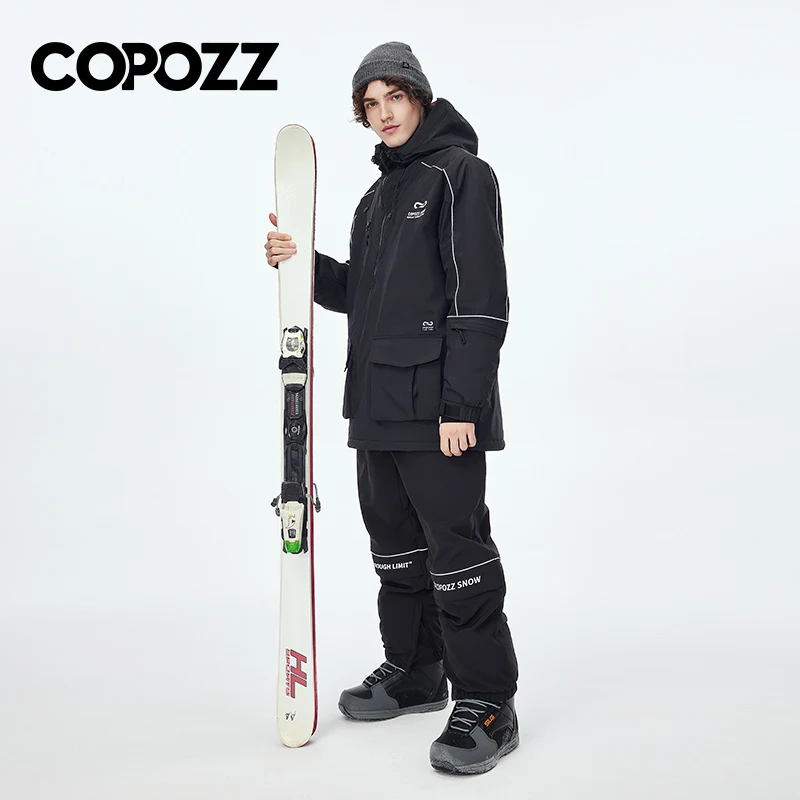 COPOZZ-Terno de esqui grosso impermeável para homens, jaqueta com capuz à prova de vento, calça esportiva quente, casaco snowboard ao ar livre, inverno