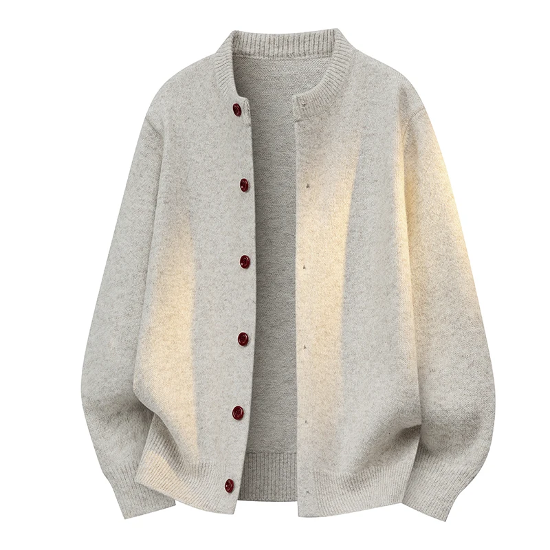 Spring Autumn Fashion Solid Color Simple Basic Round Neck Single Breasted Long Sleeved Coat Men Casual Knitted Sweater Cardigan