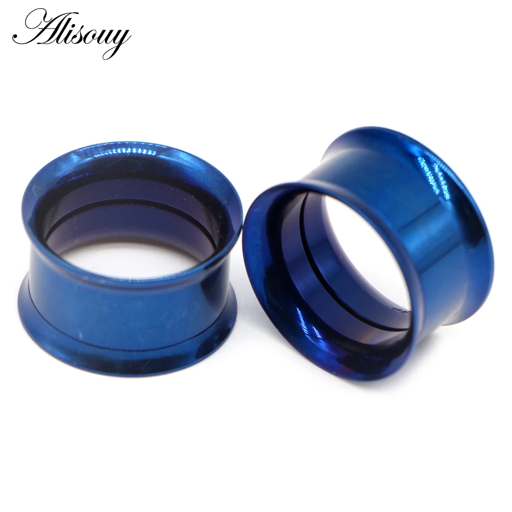 Alisouy 2pcs Surgical Steel Colorful Anodized Thread Double Flared Hollow Ear Flesh Tunnel Plug Ear Expander Gauge Body Jewelry