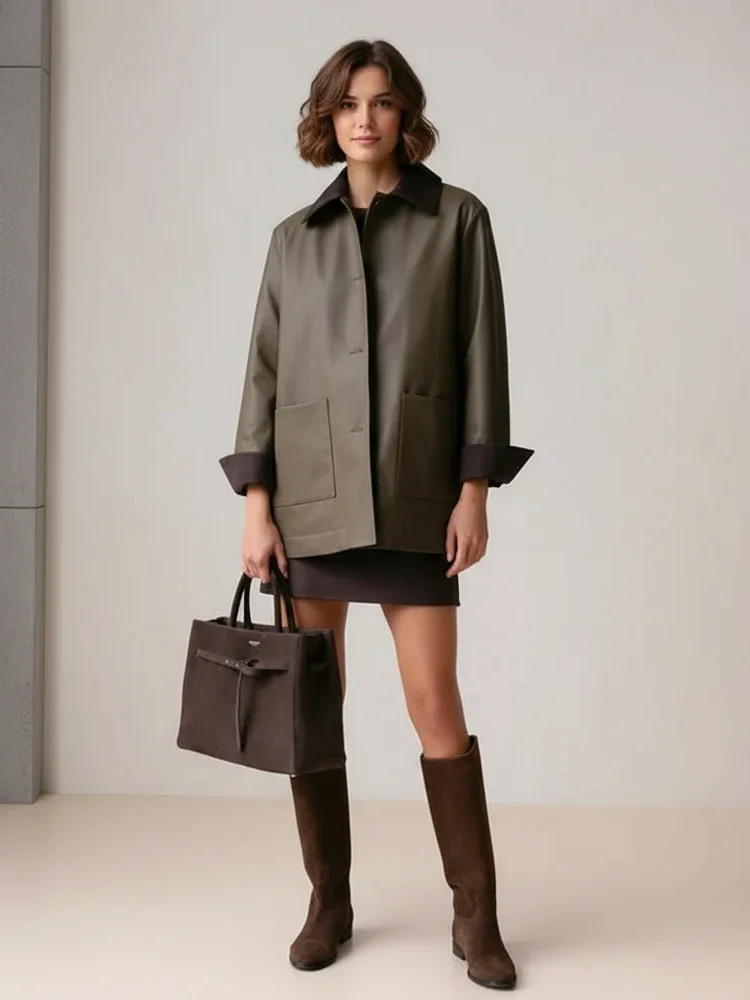 جاكيت جلدي أنيق بياقة للنساء، سترة كاجوال بأكمام كاملة وأزرار أمامية، فضفاضة مع جيوب، ملابس خارجية عصرية للسيدات 2026