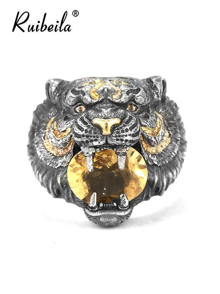 

Ruibeila Overhead side Leaky Zodiac Tiger Head ring ring men Silver s925 yellow crystal gemme ring open index