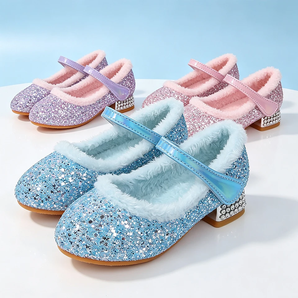 Fairy Little Girls Winter Furry Lined Mary Jane Heels Snow Queen Princess Shoes Shining Luxury Kids Christmas Elegant Party Shoe
