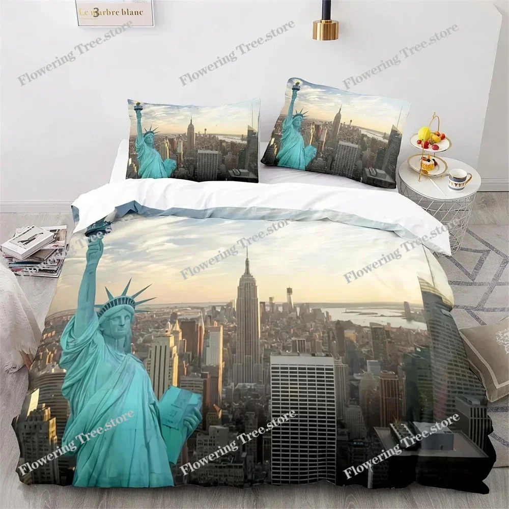 American City Landscape Duvet Cover Set Statue of Liberty Pattern King Queen Size Comforter Cover for Teen Polyester Bedding Set