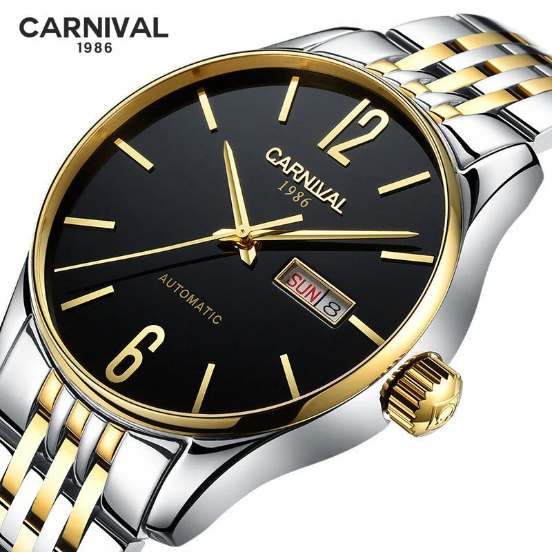 Carnival New Business Men Mechanical Watch for Men Luxury Stainless Steel Waterproof Week Calendar Fashion Automatic Watches