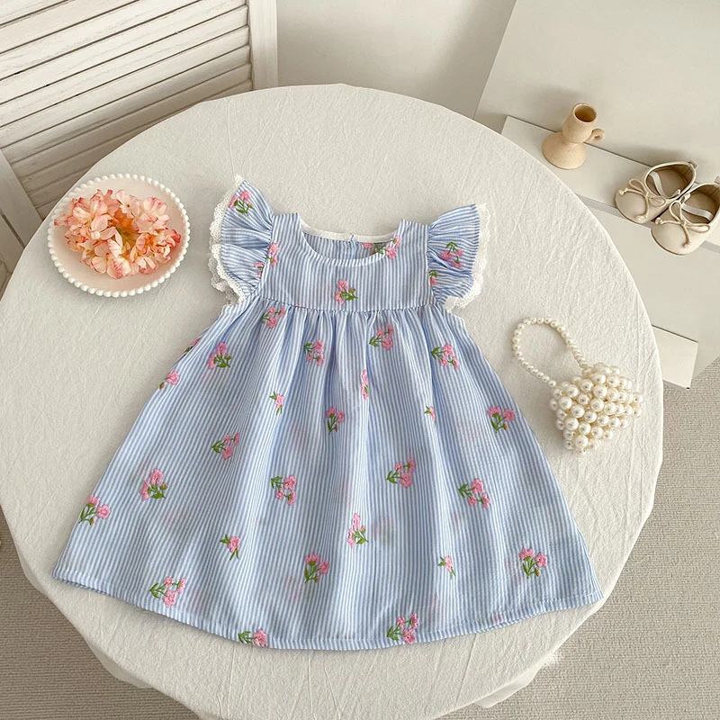 2026 New Summer 2-6Yrs Princess Round Neck Dress Striped Baby Girl Dress Flying Sleeve Cotton Embroidery Blue Sweet Dress