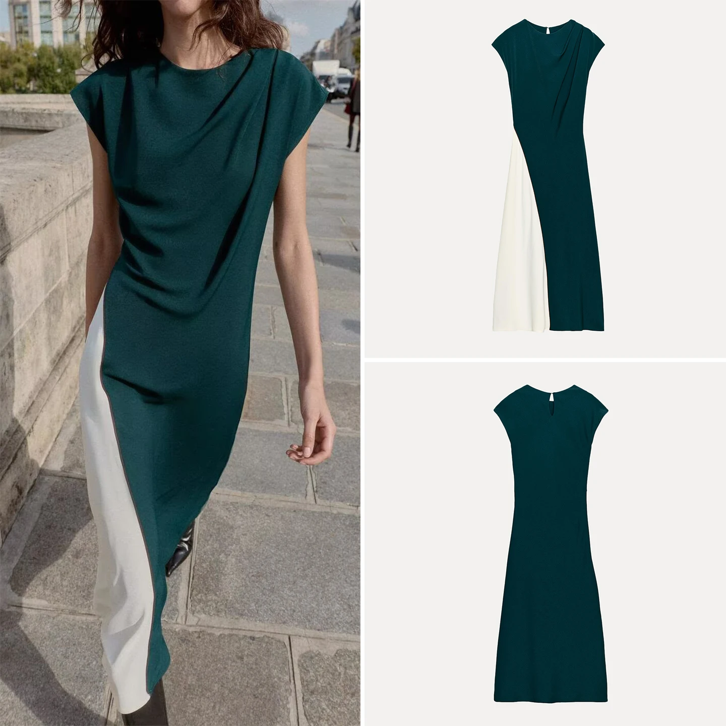 Z 2025 Novo Vestido Midi Casual de Moda, Versátil e Estiloso, com Mangas Curtas e Decote Redondo para o Dia a Dia