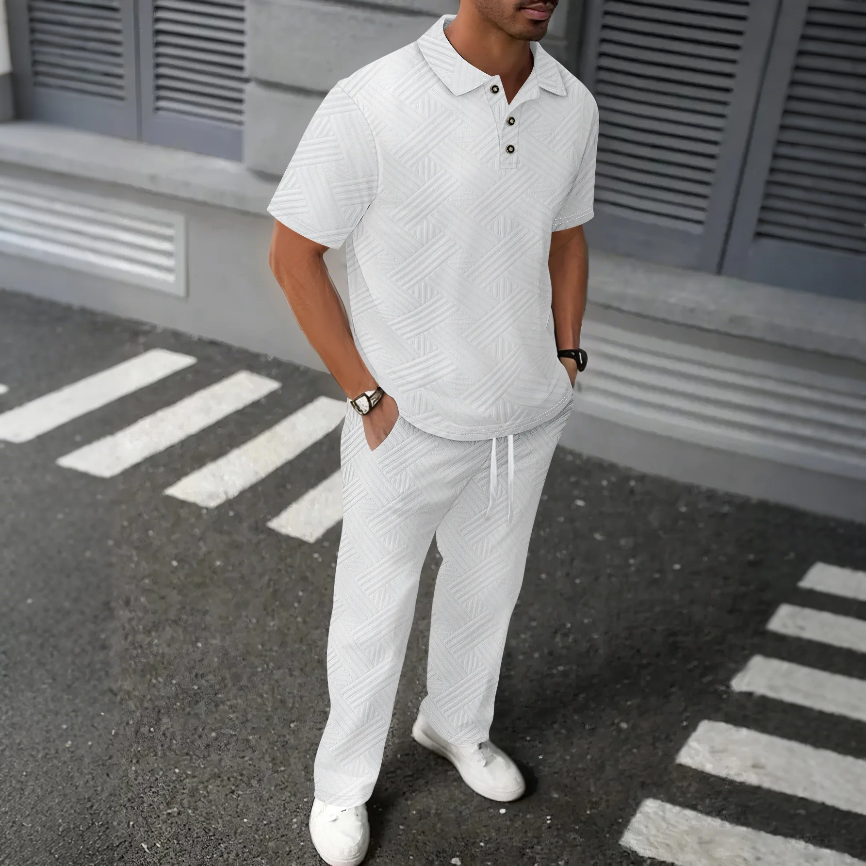 Picture 6: 2026 Men's Spring Autumn Geometric Textured 2 Piece Set Polo Neck Short Sleeve Shirt & Drawstring Pants Tracksuit
