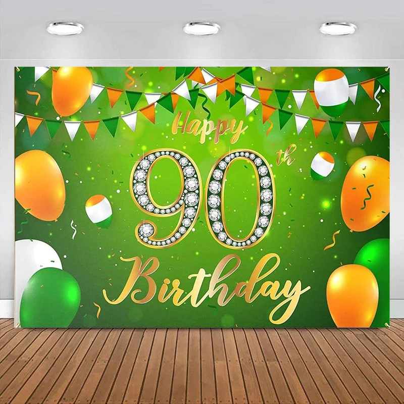 

Happy 90th Birthday Backdrop Banner for Men Women Decor Green Glitter Party Theme Decorations Supplies Photography Background