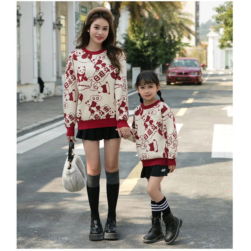 Lunar Chinese New Year Clothes for Family 2024 Knitted Sweater Father Mother Son Daughter Matching Knit Jumper Children Clothes