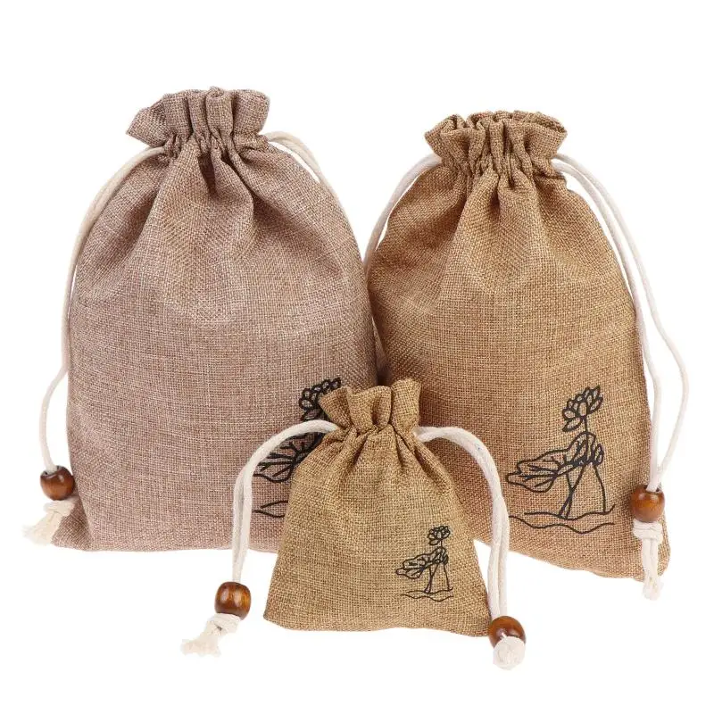 2Pcs Burlap Drawstring Bag Jute Cotton Linen Lotus Pattern Wedding Pouch Christmas Packaging Crystal Stone Storage Gift Bags