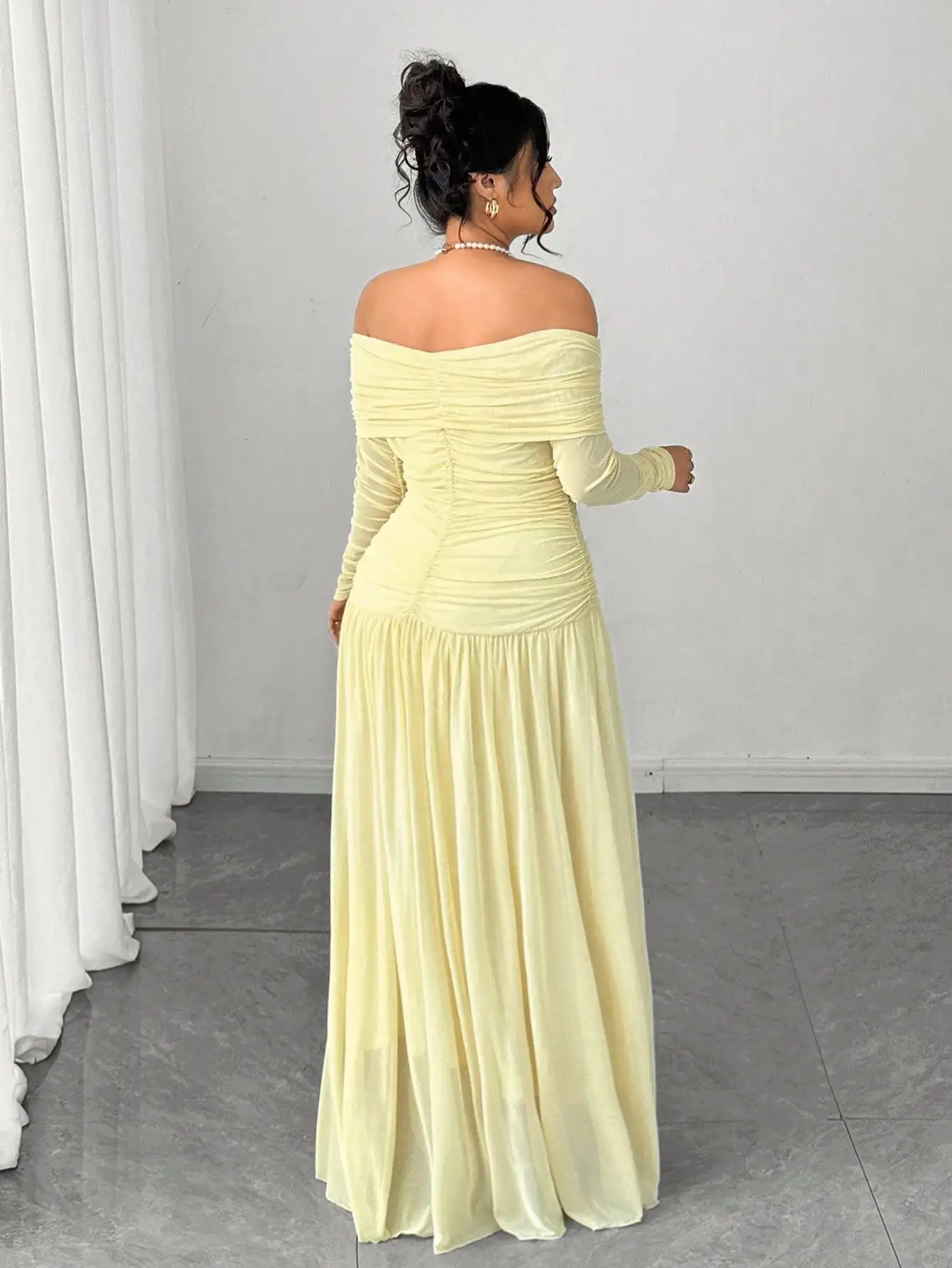 

Off Shoulder Ruched Long Sleeve Maxi Dress For Women Elegant Formal Evening Gown