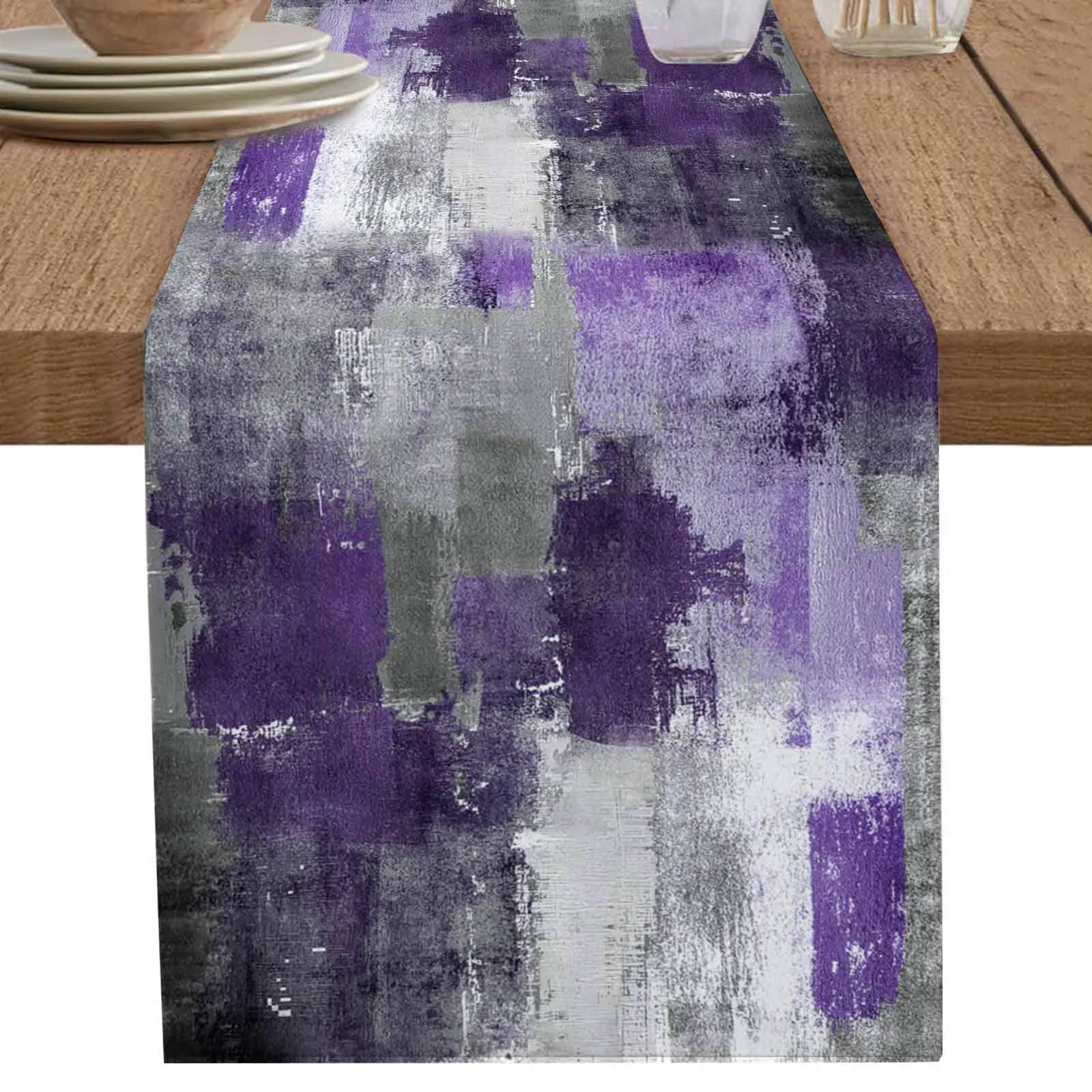 

1 PCS Abstract Purple Square Smear Table Runner Party Polyester Table Cover for Home Dining Decoration