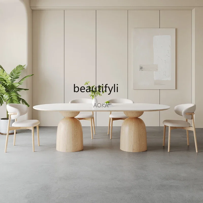 z183 Solid wood rock slab dining table Home restaurant Villa oversized long table Log cream wind oval workbench