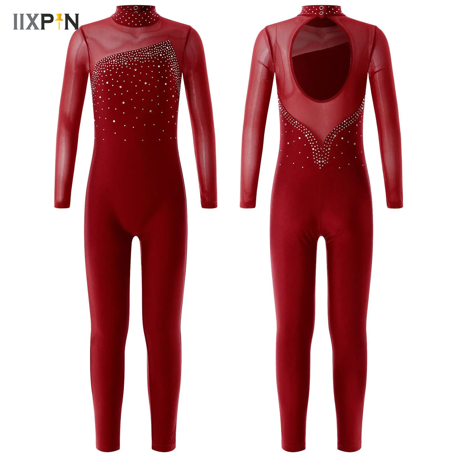 

Kids Girls Gymnastics Leotard Jumpsuit Long Sleeve Round Collar Shiny Rhinestone Dancewear Yoga Figure Skating Workout Costumes