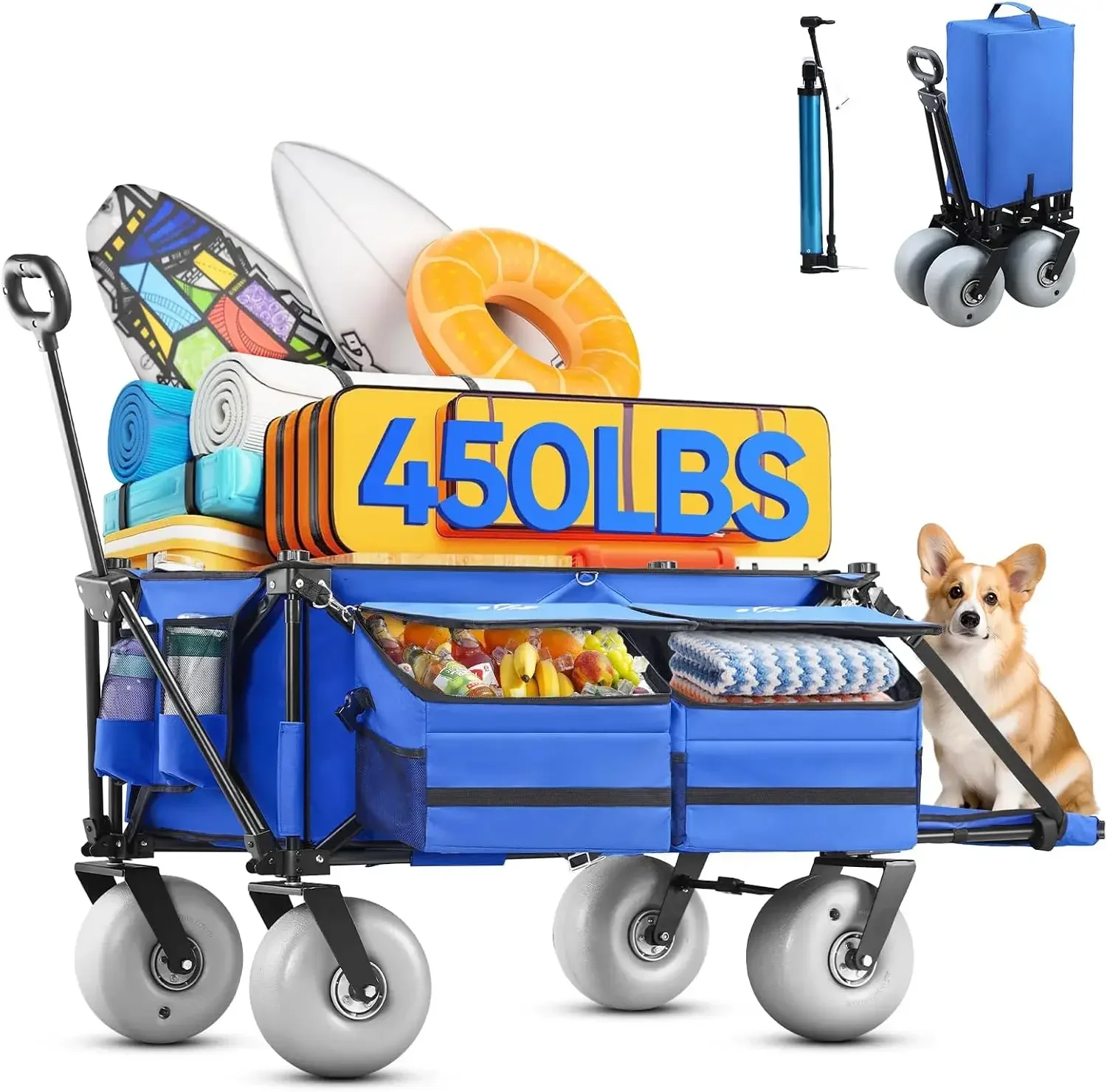 

Beach Wagon with Big Wheels for Sand,260L Extra Large Beach Cart with 9" All-Terrain Balloon Wheels, Heavy Duty Folding Wagon