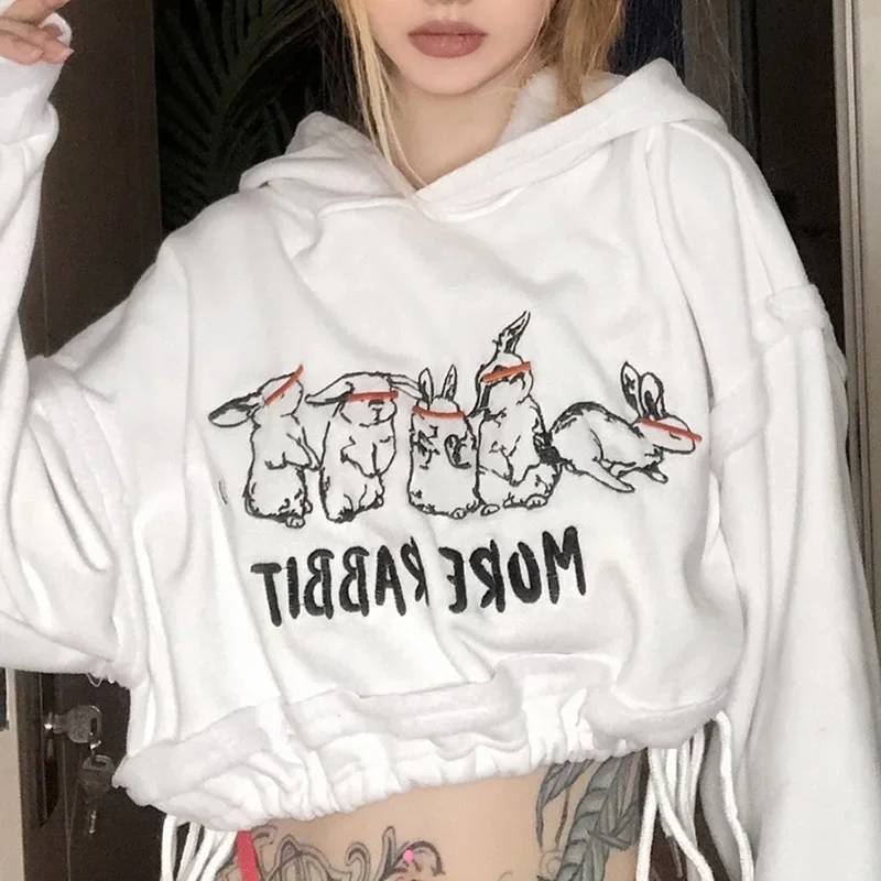 Women 2023 Cropped Hooded Hoodies Lovely Rabbits Print Embroidery Thick Fleece Waist Drawstring Sweatshirt Harajuku Pullovers