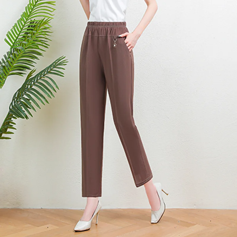 8XL Summer Thin Ice Silk Elastic Pants Solid Color High Waist Loose Casual Pants Middle aged Female Elastic Straight Leg Pants