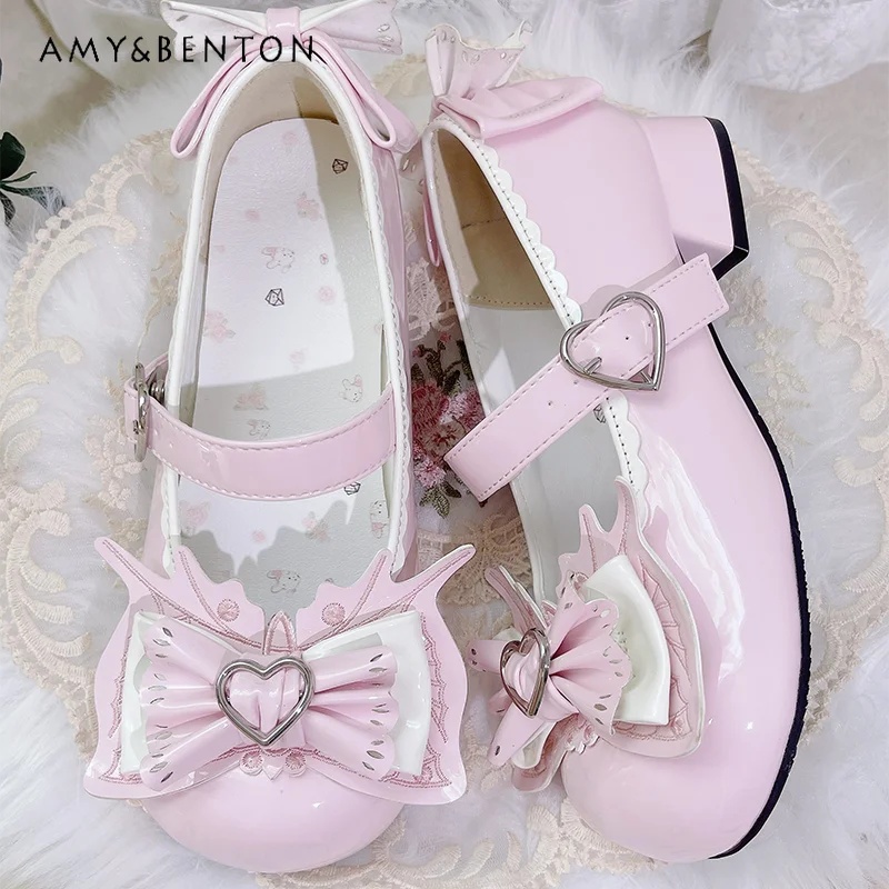 Scarpe Lolita Mary Jane giapponesi Scarpe da donna originali con fiocco dolce e carino con testa tonda e tacco basso Kawaii All Match Tacchi in pelle Pu da donna