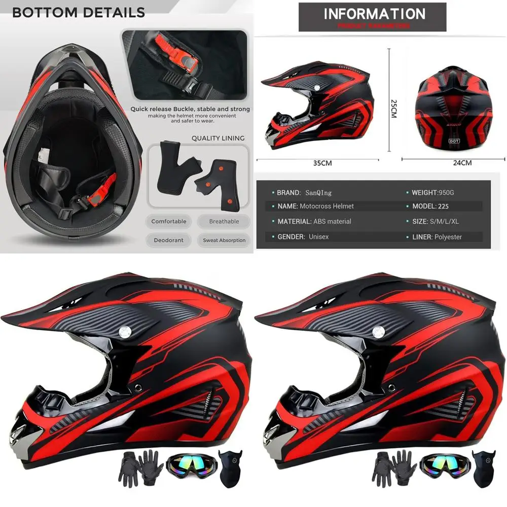 

Youth & Adult Motocross Helmet Set with Gloves, Goggles, and Mask - DOT Certified, 4-Wheeler & Mountain Bike Use (Red, Medium)