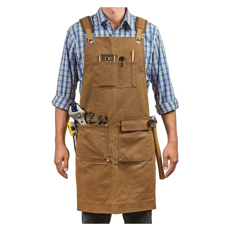 Thickened Canvas Apron Waterproof Oil Wax Apron With Tool Pockets Carpenter Electrician Garden Work Uniform Customized Logo