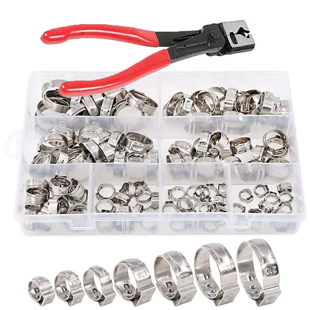 130pcs 7 Size Single Ear Hose Clamps Stainless Steel with Ear Clamp Pliers,7-21mm Stepless Cinch Rings Crimp Assortment Kit