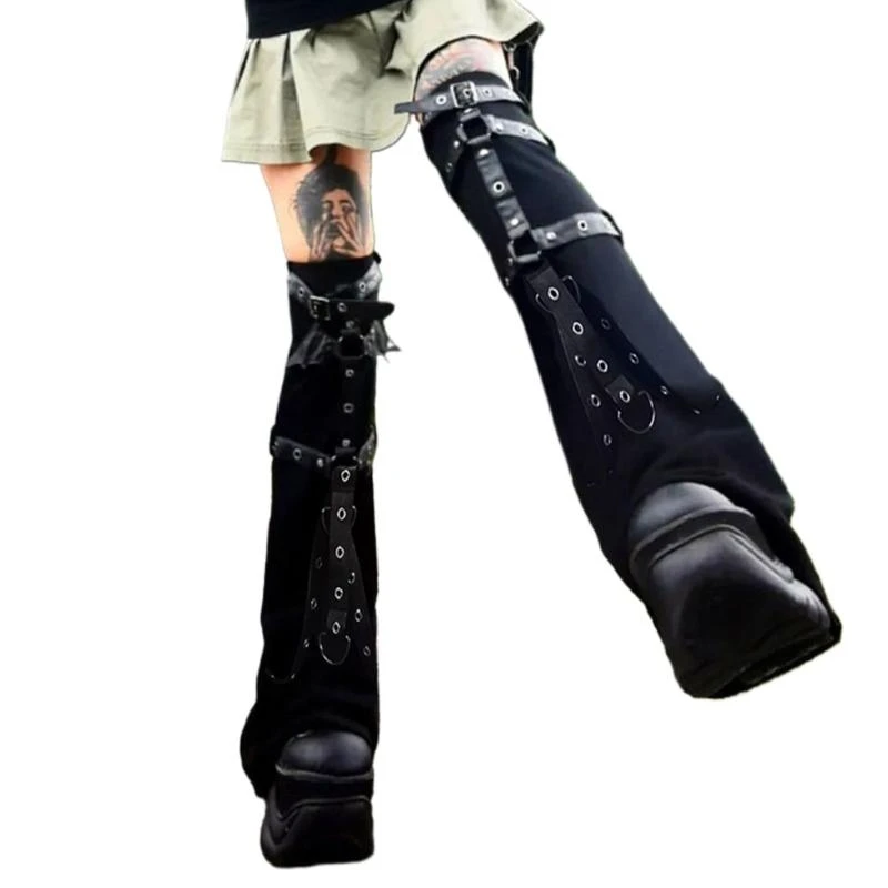 

Buckled Eyelets Straps Leg Warmer Punk Flared Leg Cover Long Stockings for Women 15UB