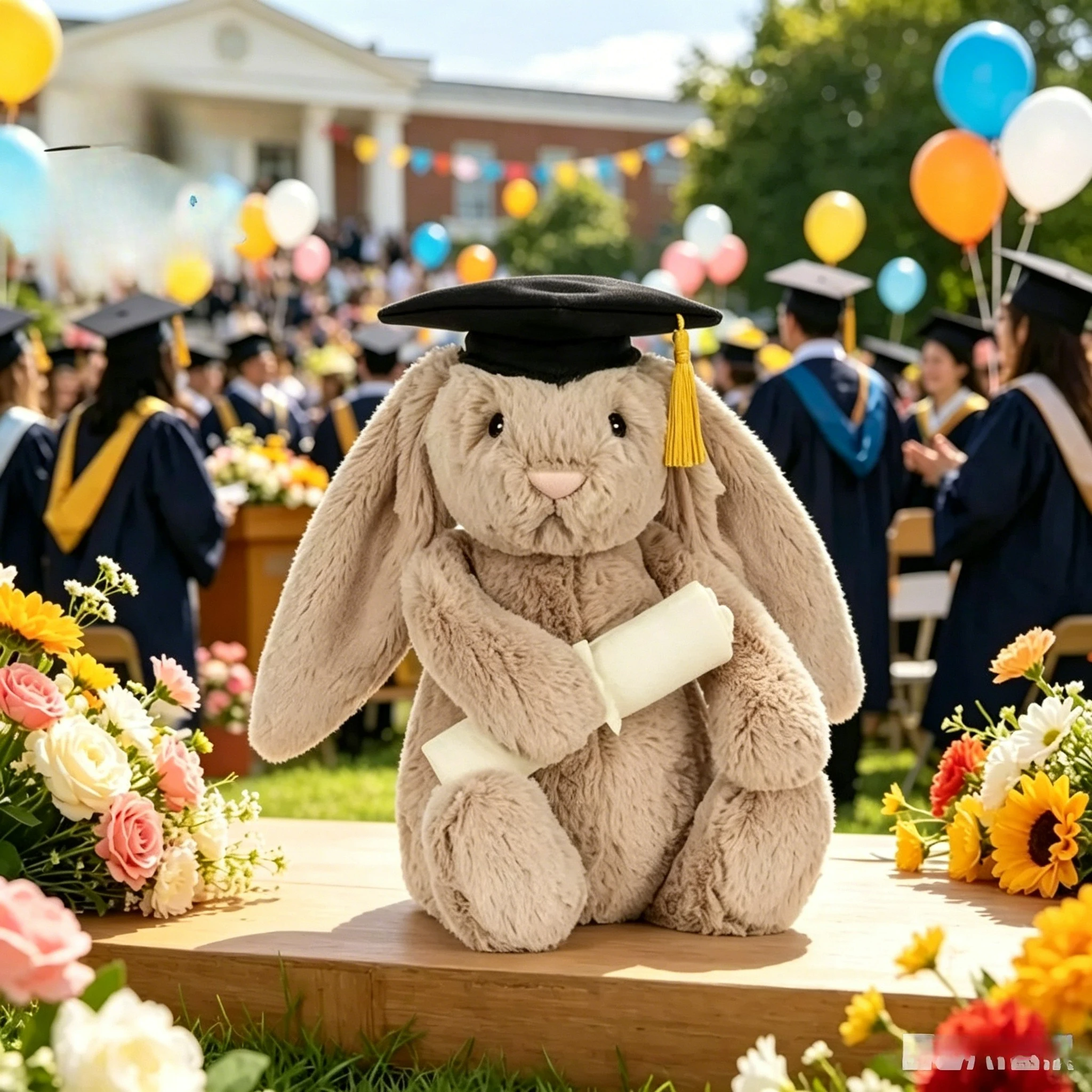 Presente de Formatura Original: Boneco de Pelúcia Coelho Tímido Bonnie com Bolo de Aniversário e Urso com Roupão, Chaveiro de Algodão Doce