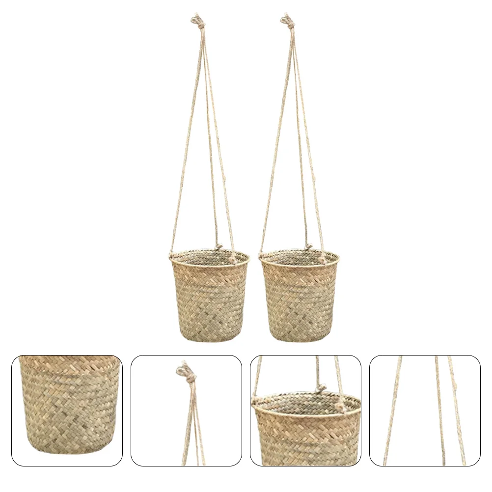 

2 Pcs Woven Hanging Basket Rattan Flower Weaving Storage Household Container Indoor Straw Vase