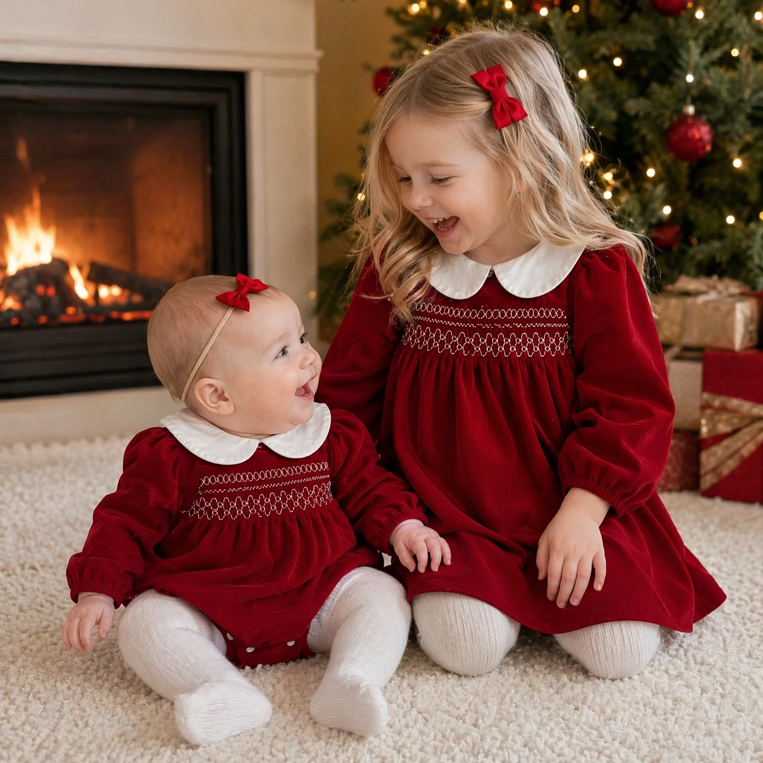 Baby Girls Bodysuit & A-Line Dress Red Velvet Doll Collar Smocked Bubble Matching Outfits Sister Matching Spring Fall Clothes