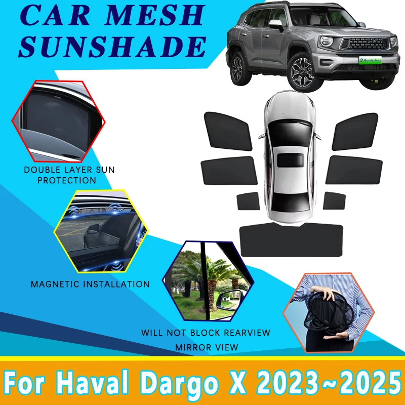 Car Mesh Sun Shades For Haval Dargo X Accessories H-Dog Big Dog 2023~2025 Magnetic Sunshades Windshield Side Window Visor Tool