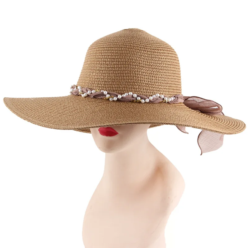 Korean Style Women's Spring Summer Straw Hat, Wide Brim Sun Protection Cap,Round Top Beach Hat Wholesale