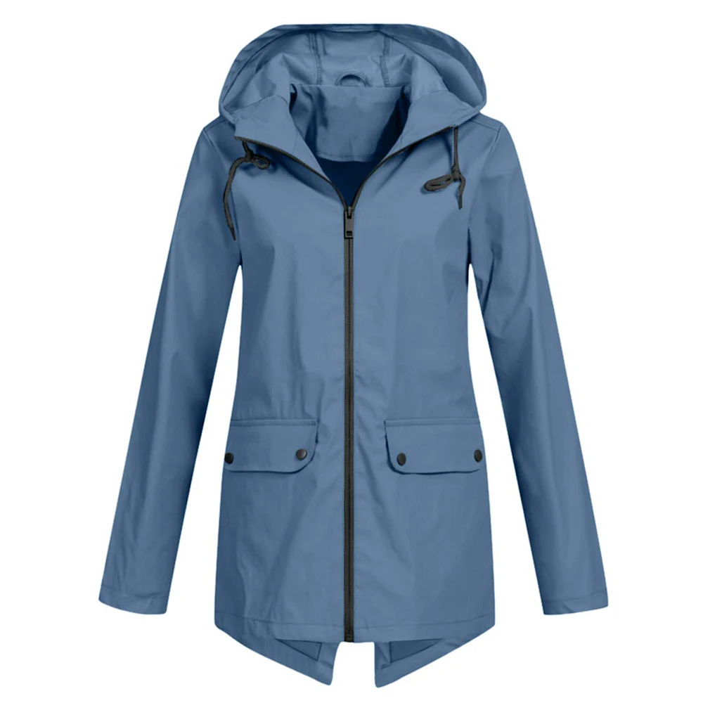 Comoda giacca da donna impermeabile con cappuccio, maniche lunghe e tasche con cerniera, adatta per attività stagionali all'aperto