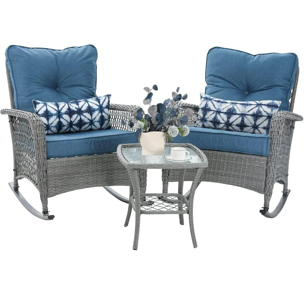 Patio Furniture Set , Wicker Rocking Bistro Set with Thick Cushions, Outdoor Rocker Chairs and Coffee Table for