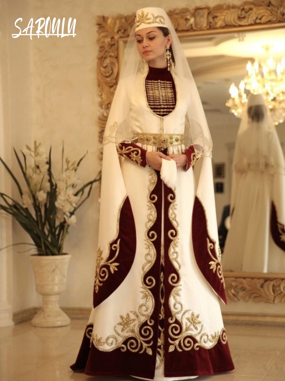 

Muslim Gold Decorations Wedding Dress Caftan Gorgeous Dress for Bride Elegant Kaftan Beaded A-line Gown Vestido De Novia