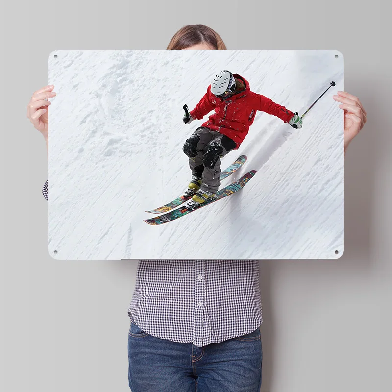 Man Snow Skiing Poster Retro 3D Printed Metal Signs Customized Wall Hanging Gift for Garage Accessories Decor Living Room Home