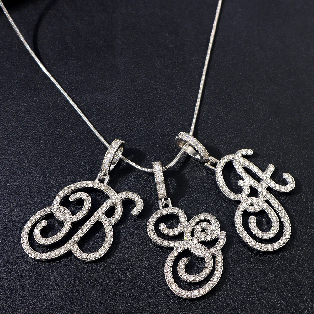 Hot A-Z Initial Cursive Letters Pendant Necklace For Women Gold Silver Color Shiny Rhinestone Metal Chain Necklace Jewelry Gift