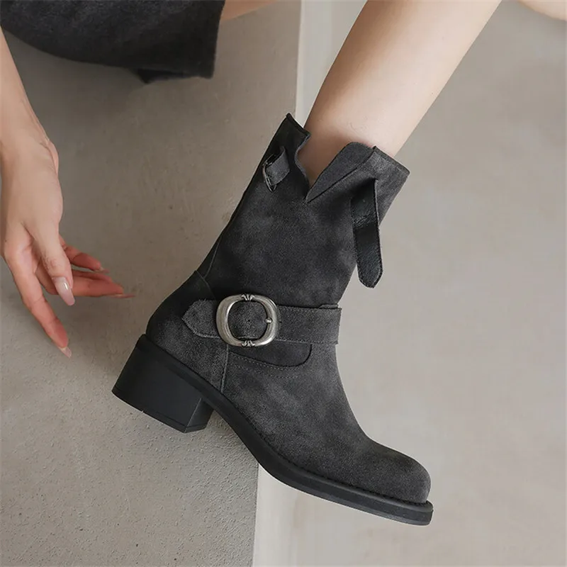 

New Autumn Winter Cow Suede Women Boot Fashion Buckle Square Toe Mid-calf Boots for Women Thick Heel Work Boots Zapatos Mujer