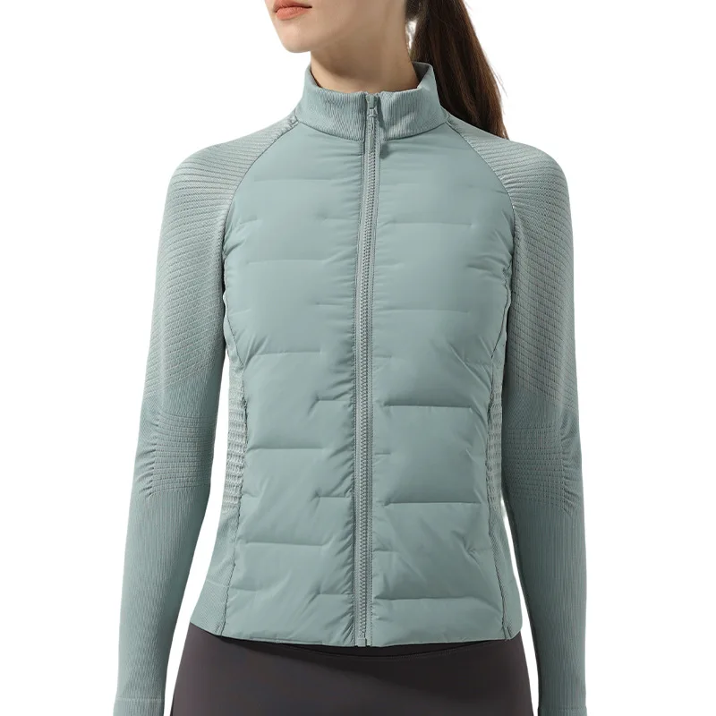 سترة نسائية رياضية من White Goose Down، دافئة، خفيفة للغاية، تنحيف، معطف للجري واللياقة البدنية بدون خياطة