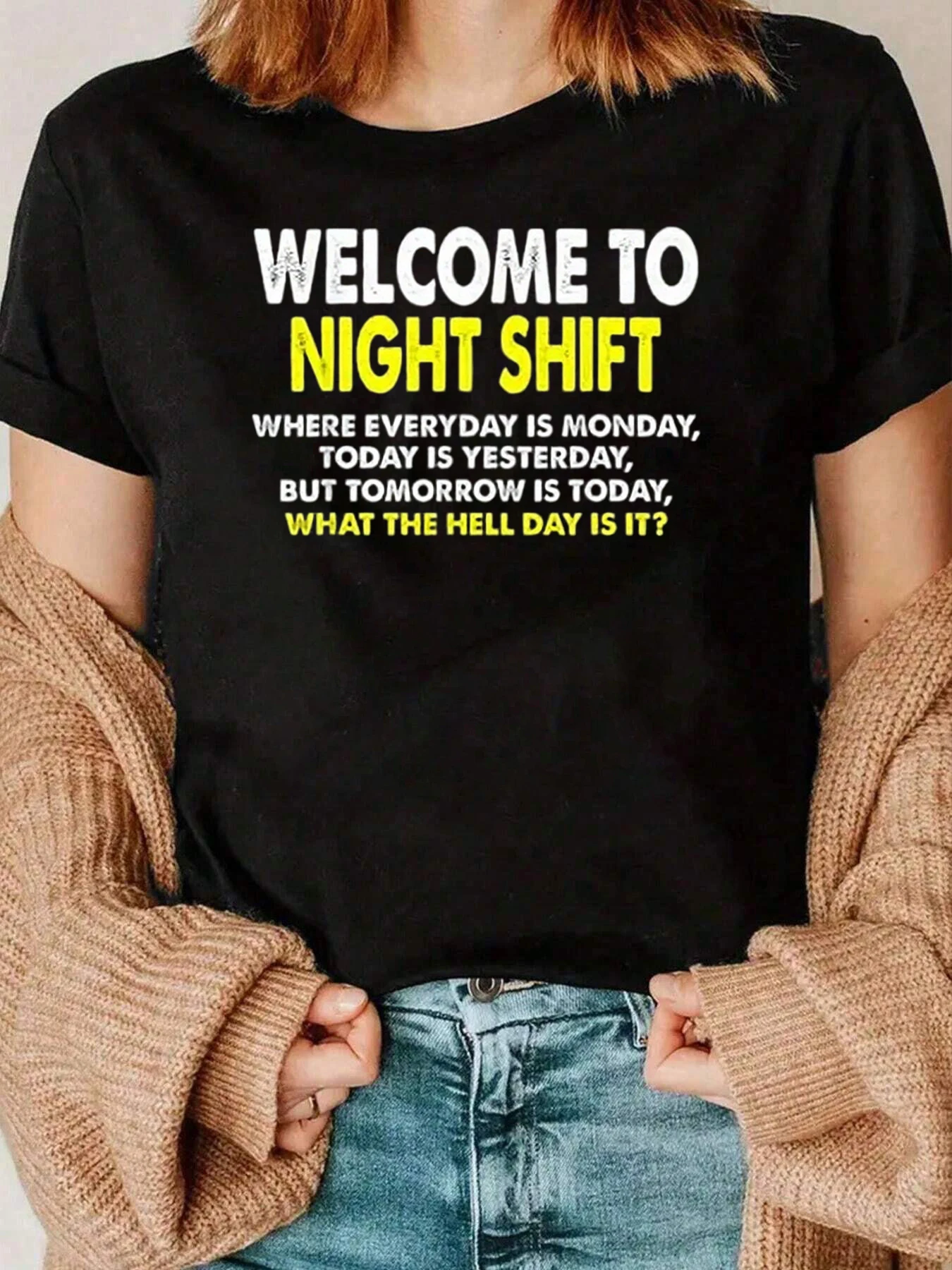 

Night Shift Humor Print T Shirt Casual Wear For Women Nurses And Workers 220g