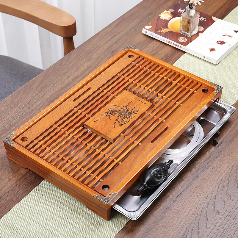 

Bamboo Wood Tea Tray with Stainless Steel Drainage, Chinese Kung Fu Tea Set Includes Basic Tools, Portable