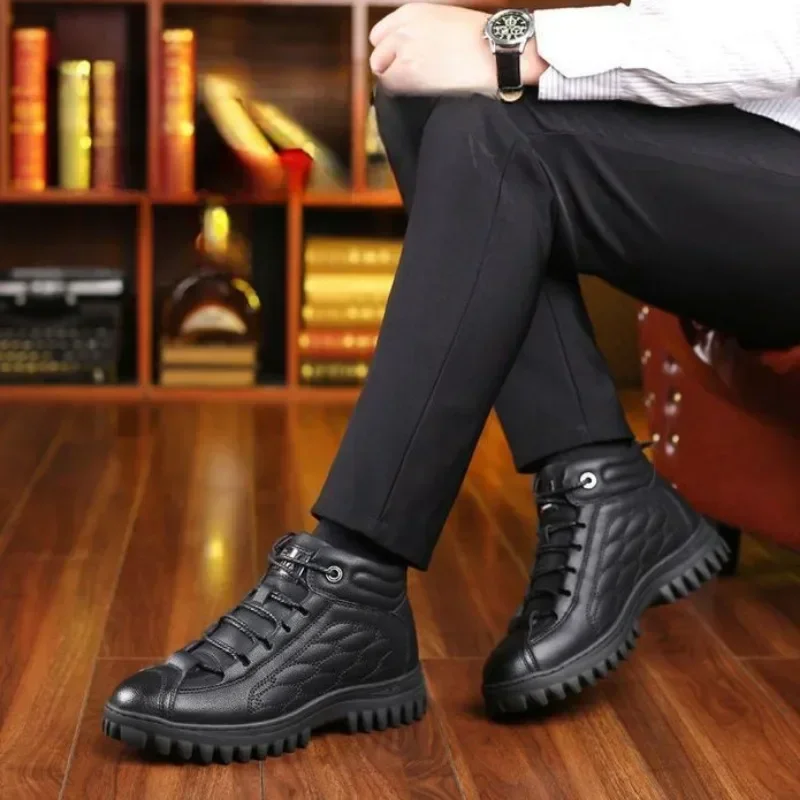 Thick Sole Male Casual Boots Velvet Platform High Top Common Footwear Offer Men's Leather Shoes 2024 Trend Designer Retro Social