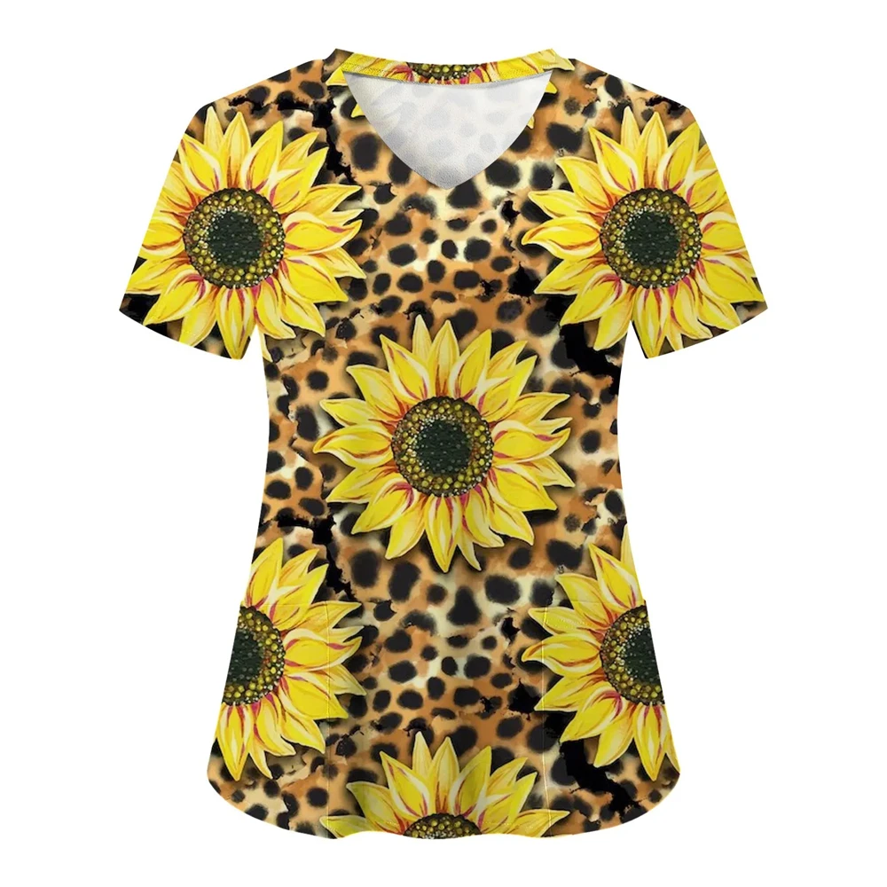 Uniformi infermieristiche per le donne Semplice modello girasole Uniformi cliniche a maniche corte con scollo a V Stampe di moda Uniforme chirurgica 2025