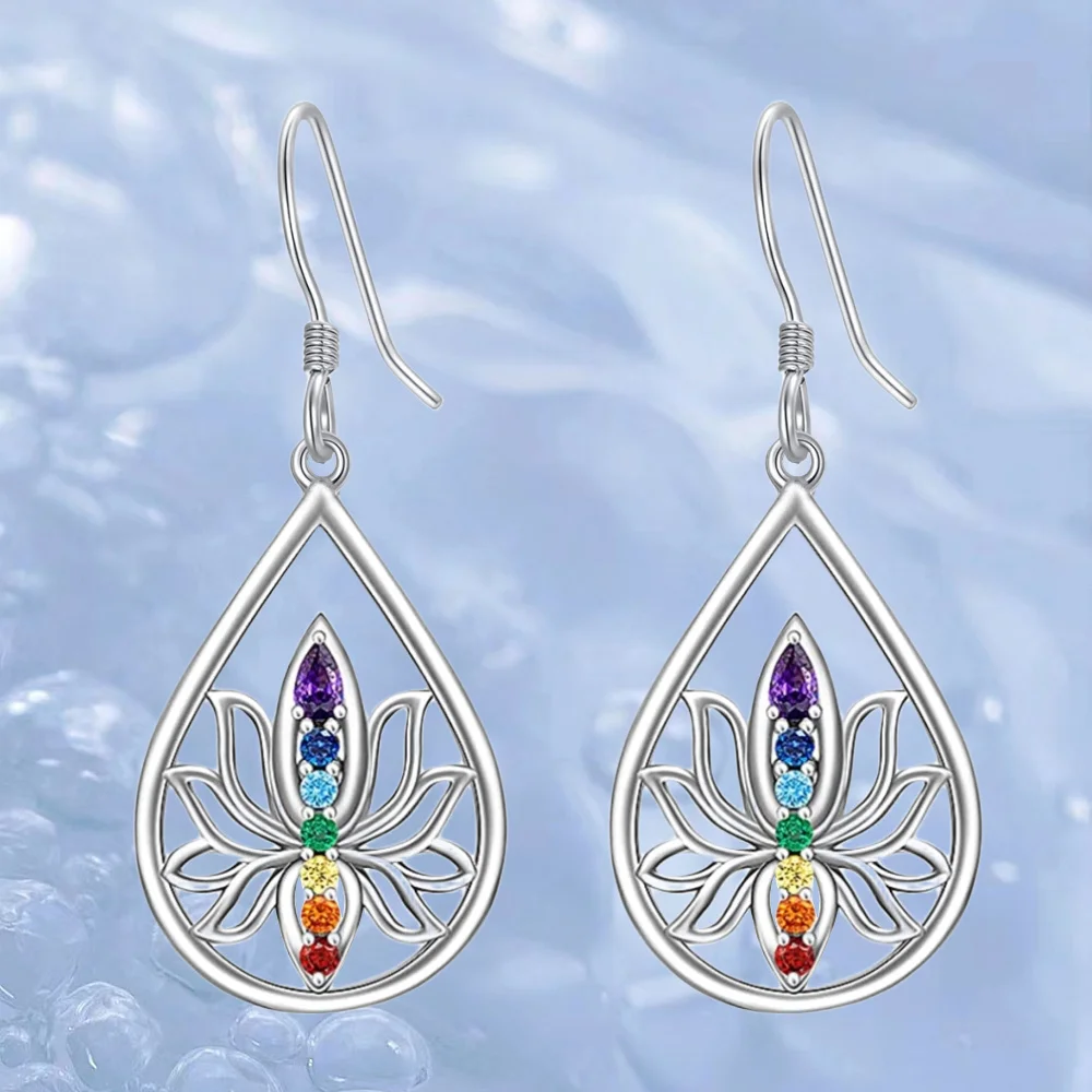 Chic Seven Chakra Lotus Water Drop Earrings in White K Plating - Fashionable & Spiritual Gift for Her Niche Style Hot List，