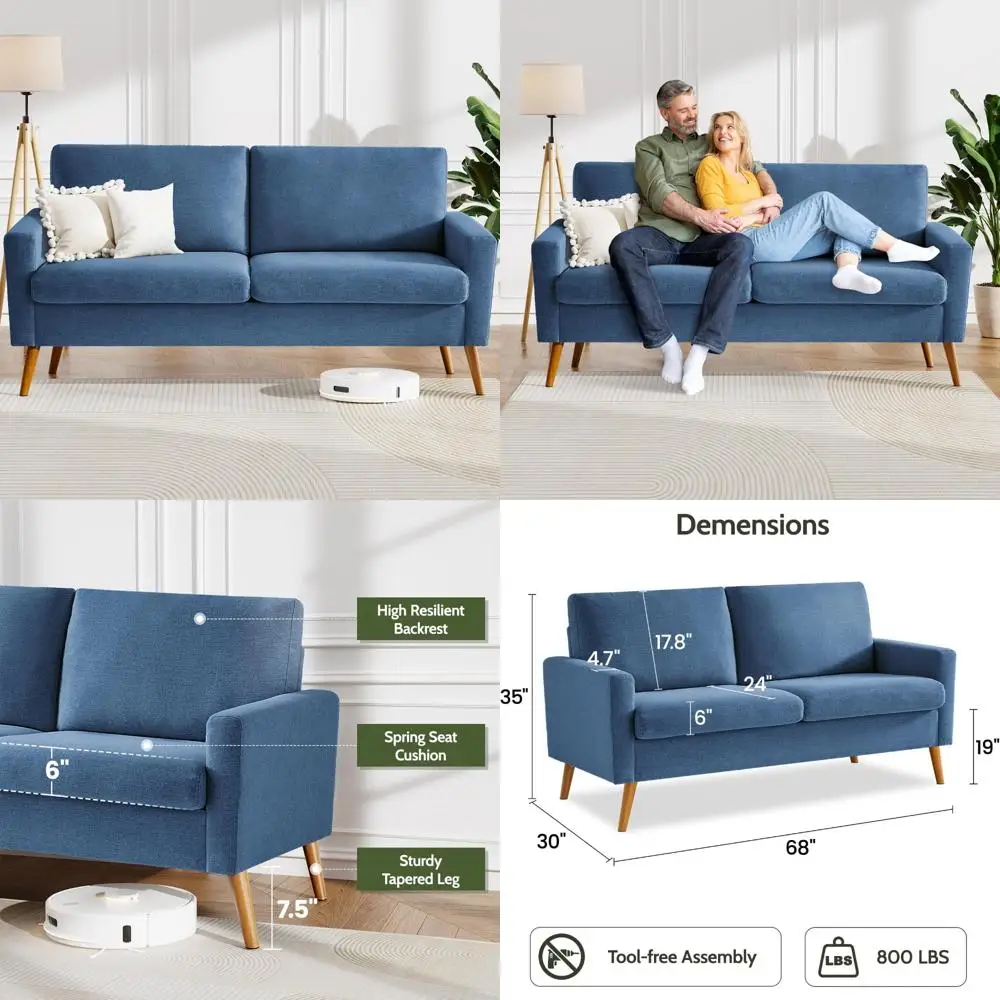 Mid Century Modern Loveseat in Blue Linen - Small Sofa for Living Room and Bedroom Office