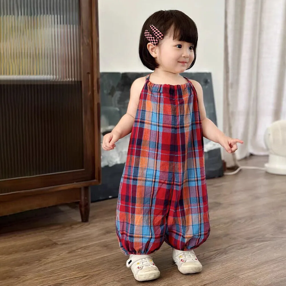 Bear Leader Summer Colorful Plaid Kids Jumpsuits Sleeveless Casual Wear Back Lace Up One-Pieces Rabbit Tail Girls Clothes