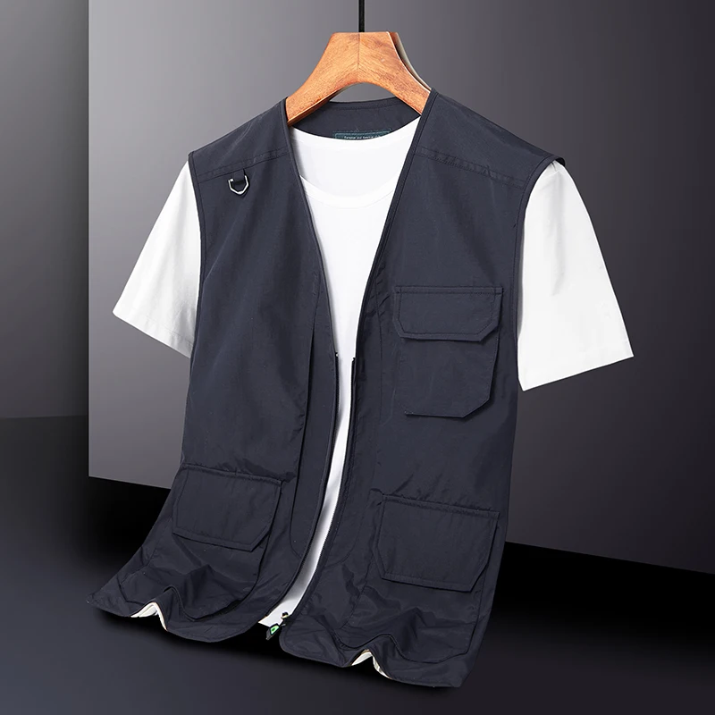 Mesh Quick-drying Vest 2024 Summer Men\'s Solid Color Multi-pocket Mountain V-neck Cordless Vest Casual Fishing Sleeveless Jacket