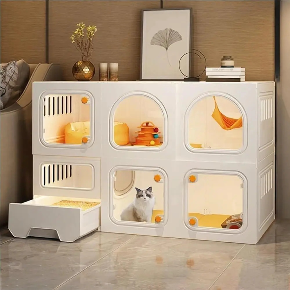 

2-Tier Indoor Cat Cage, Cats Crate with Litter Box Inside, Large Cats House with Transparent Windows and Knob Locks, Resin Pet E