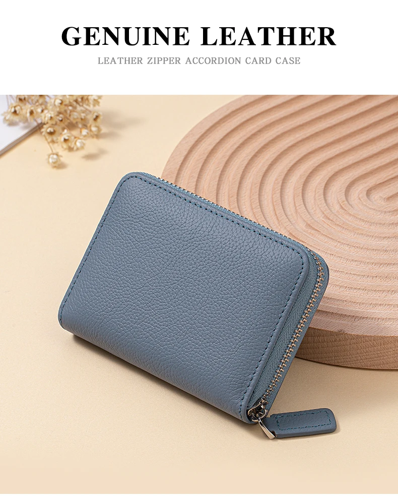 Genuine Leather Small Accordion Card Cases Holder For Women RFID Blocking Zipper Credit Card Wallet with Coin Pouch 2 Cash Slot