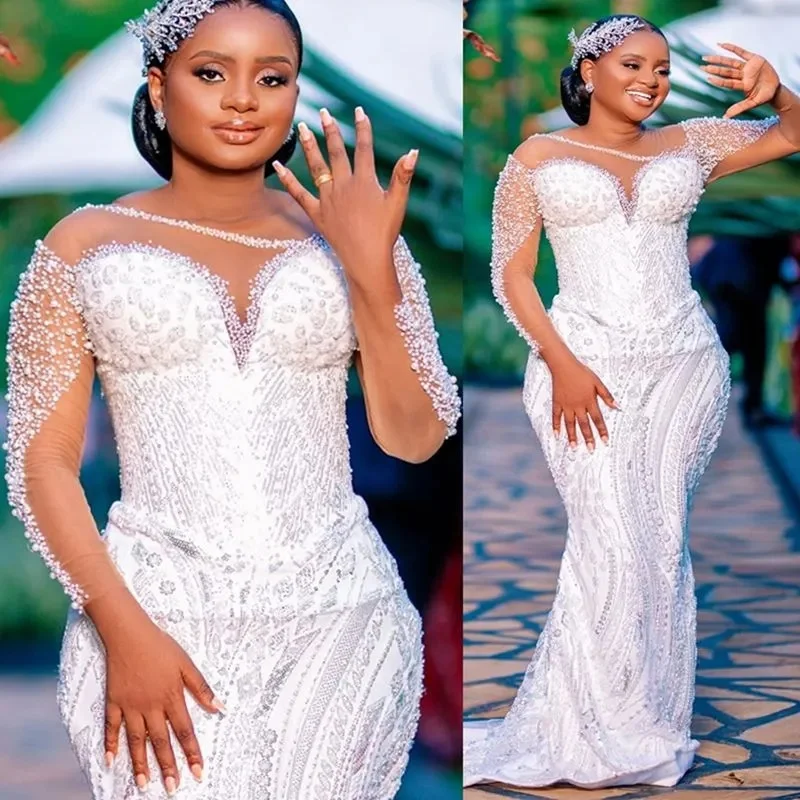 Customized Plus Size Mermaid Wedding Dress Bride Bridal Gowns Long Sleeves Sheer Long Sleeves Beaded Lace Tiered Tulle