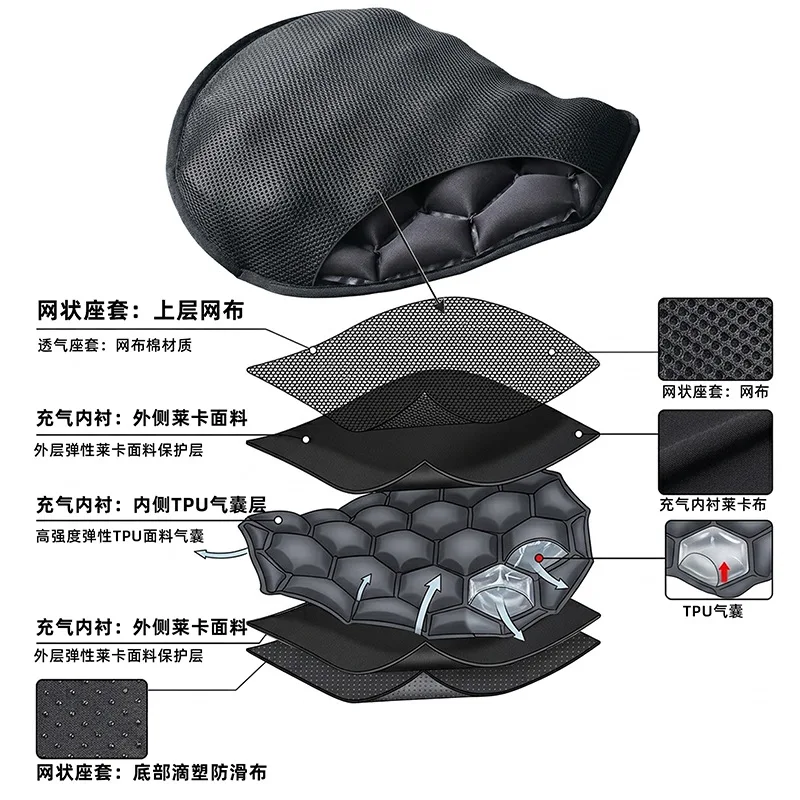 Motorcycle inflatable seat cushion shock absorption and breathability, soft and comfortable for long-distance riding in summer